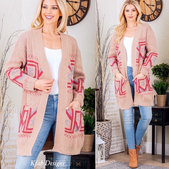 B29S🤎💗Luxury look+feel tan Southwest print cardigan w/pink +blue trim details - Picture 5 of 13